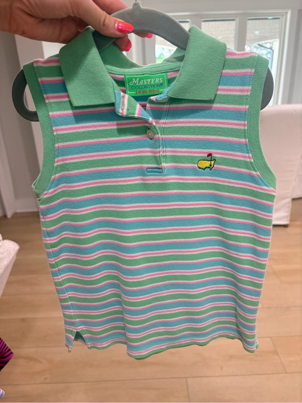 Masters Kids Sleeveless Polo - Mint, Pink & White Stripes with Yellow Logo